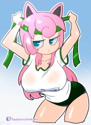 Rule 34 | 1girl, absurdres, animal ears, blue background, blue eyes, blue sky, breasts, buruma, cosplay, creatures (company), frown, game freak, gen 1 pokemon, gradient background, green buruma, green headband, green headwear, gym shirt, gym shorts, gym uniform, hair between eyes, half-closed eyes, hand on headwear, headband, highres, hungrybox, jigglypuff, jigglypuff (cosplay), large breasts, leaning forward, long hair, looking up, minuspal, nintendo, pink hair, pokemon, ribbon, shirt, short sleeves, shorts, simple background, sky, super smash bros., thighs, twitch.tv, twitch logo, upper body, white background, white shirt