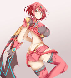Rule 34 | 1girl, ass, breasts, butt crack, female focus, huge breasts, matching hair/eyes, nintendo, olly (ollycrescent), pyra (xenoblade), red eyes, red hair, short hair, short shorts, shorts, smile, solo, tagme, xenoblade chronicles (series), xenoblade chronicles 2, xenoblade chronicles (series), xenoblade chronicles 2