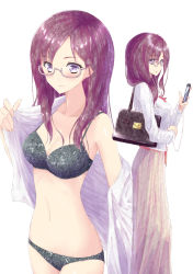 Rule 34 | 1girl, alternate costume, aramachi, bare shoulders, black panties, blush, breasts, cellphone, cleavage, closed mouth, collarbone, commentary request, glasses, highres, holding, holding phone, idolmaster, idolmaster cinderella girls, long hair, long sleeves, looking at viewer, medium breasts, navel, panties, phone, purple eyes, purple hair, smartphone, underwear, yagami makino