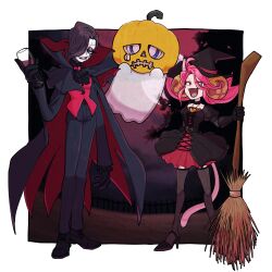 Rule 34 | 1girl, 2boys, animal ears, broom, cape, cat ears, doll joints, dress, ghost, gloves, halloween, hat, high heels, highres, joints, mad mew mew, mettaton, multiple boys, napstablook, pink hair, pumpkin, robot, short dress, thighhighs, undertale, witch hat