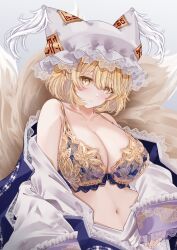 Rule 34 | 1girl, animal ear headwear, animal ears, bare shoulders, blonde hair, blush, bra, breasts, cleavage, collarbone, dress, embroidered bra, fake animal ears, fox ears, hat, highres, kitsune, kyuubi, lace, lace-trimmed bra, lace-trimmed headwear, lace trim, large breasts, looking at viewer, mob cap, multiple tails, navel, open clothes, open dress, sarasadou dan, sleeves past wrists, solo, stomach, tail, touhou, underwear, yakumo ran, yellow bra, yellow eyes