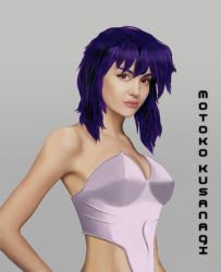 Rule 34 | 1girl, armpits, bare shoulders, bodysuit, breasts, cleavage, covered erect nipples, cyborg, female focus, ghost in the shell, ghost in the shell stand alone complex, kusanagi motoko, lips, purple hair, realistic, red eyes, short hair, simple background, sitting, solo