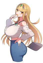 Rule 34 | absurdres, ass, bag, blonde hair, breasts, denim, eating, food, from side, gem, gonzarez, green gemstone, highres, holding, holding food, huge ass, huge breasts, jeans, large breasts, long hair, looking at viewer, midriff, mythra (xenoblade), nintendo, pants, tiara, xenoblade chronicles (series), xenoblade chronicles 2