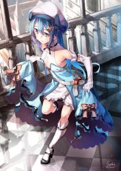Rule 34 | 1girl, ankle strap, arm belt, armpits, artist name, bad id, bad nicoseiga id, bare shoulders, belt, blue dress, blue eyes, blue hair, bow, breasts, building, checkered floor, cleavage, clothes lift, commentary request, detached sleeves, dress, elbow gloves, full body, gloves, hair between eyes, hair ornament, hat, hat bow, high heels, highres, holding, lee-chan (saraki), lee (saraki), leg belt, leg lift, leg up, long hair, mary janes, original, saraki, shoes, skirt, skirt lift, small breasts, socks, solo, standing, standing on one leg, white gloves, white socks