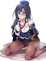 Rule 34 | 10s, 1girl, :&lt;, arm support, bad id, bad pixiv id, black hair, breast hold, breasts, brown pantyhose, cleavage, clothes lift, crotch seam, dress shirt, glasses, hair ornament, highres, kneeling, kono subarashii sekai ni shukufuku wo!, long hair, looking at viewer, looking over eyewear, medium breasts, necktie, open mouth, panties, panties under pantyhose, pantyhose, poncho s, purple-framed eyewear, purple eyes, sena (konosuba), shirt, skirt, skirt lift, skirt set, slime (substance), slimy, solo, thighband pantyhose, underwear, wet, wet clothes, x hair ornament