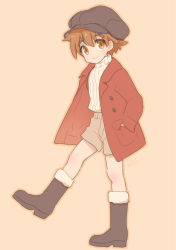 Rule 34 | 1boy, boots, brown eyes, brown hair, cabbie hat, coat, full body, hat, inuzumi, looking at viewer, male focus, pop-up story, selim spark, shorts, simple background, smile, solo, sweater, turtleneck