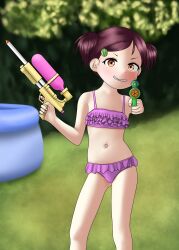 Rule 34 | 1girl, absurdres, aiming, aiming at viewer, becky blackbell, bikini, child, feet out of frame, female focus, frilled bikini, frills, hair ornament, hairclip, highres, holding, holding water gun, looking at viewer, navel, outdoors, piehamster (artist), purple bikini, scrunchie, short hair, short twintails, smile, solo, spy x family, standing, swimsuit, teeth, thighs, twintails, water gun