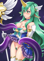 Rule 34 | 1girl, bare shoulders, blush, breasts, clothes lift, clothes pull, dress pull, drop, elbow gloves, female pubic hair, gloves, green eyes, green hair, horns, league of legends, long hair, magical girl, nipples, no panties, pointy ears, pubic hair, single horn, skirt, skirt lift, solo, soraka (league of legends), staff, star guardian (league of legends), star guardian soraka, sweat, tentacles, thighhighs, vel&#039;koz, very long hair, white gloves, youkan