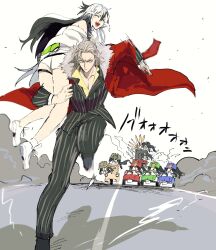 Rule 34 | 1boy, 1girl, black hair, carrying, carrying person, chasing, coat, driving, dust cloud, fate/grand order, fate (series), formal, grey eyes, grey hair, highres, iriya (lonesome), jacket, laughing, mini nobu (fate), multicolored hair, nagao kagetora (fate), red coat, running, shorts, shoulder carry, striped suit, suit, takeda shingen (fate), two-tone hair, white hair, white jacket, white shorts