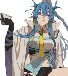 Rule 34 | 1girl, arknights, arm up, black shorts, blue eyes, blue hair, braid, coat, cup, dragon girl, dragon horns, earrings, highres, holding, holding cup, horns, jewelry, ling (arknights), multicolored hair, necktie, open clothes, open coat, pointy ears, salmon tan, short shorts, shorts, streaked hair, tassel, tassel earrings, white background, white coat, yellow necktie