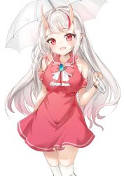 Rule 34 | 1girl, bare shoulders, blush, bow, breasts, brooch, dress, gradient hair, hair down, highres, holding, holding umbrella, hololive, horns, jewelry, long hair, looking at viewer, multicolored hair, nakiri ayame, off shoulder, oni, open mouth, red eyes, see-through, shancha, silver hair, simple background, skin-covered horns, smile, solo, sundress, thighhighs, umbrella, virtual youtuber, watch, white background, white thighhighs, wristwatch