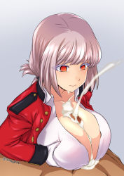 Rule 34 | 1boy, 1girl, braid, breasts, breasts squeezed together, buttons, censored, cleavage, collarbone, cum, cum on body, cum on breasts, cum on upper body, dress shirt, ejaculation, eyelashes, fate/grand order, fate (series), florence nightingale (fate), folded ponytail, grey background, hetero, highres, isemagu, jacket, large breasts, military jacket, mosaic censoring, orange eyes, paizuri, penis, pink hair, projectile cum, red jacket, shirt, signature, simple background, swept bangs