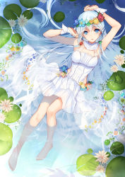 Rule 34 | 1girl, bare legs, bare shoulders, barefoot, bison cangshu, blue eyes, blush, dress, flower, from above, head wreath, long hair, looking at viewer, lying, on back, open mouth, partially submerged, silver hair, solo, unicorn (warship girls r), warship girls r, water, wet, white dress