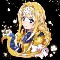 Rule 34 | 1girl, alice zuberg, armor, black background, blonde hair, blue cape, blue eyes, braid, braided ponytail, breastplate, cape, closed mouth, cropped torso, floating hair, gold armor, hair intakes, hairband, long hair, poi himeya, ponytail, shoulder armor, solo, sword art online, upper body, very long hair, white hairband