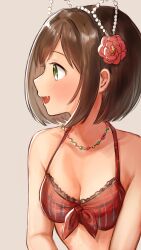 Rule 34 | 1girl, animal ears, bare shoulders, bead necklace, beads, bikini, blush, breasts, brown background, brown hair, cat ears, cleavage, collarbone, fake animal ears, fang, flower, frilled bikini, frills, front-tie bikini top, front-tie top, green eyes, hair flower, hair ornament, hairband, highres, idolmaster, idolmaster cinderella girls, idolmaster cinderella girls starlight stage, jewelry, large breasts, looking at another, maekawa miku, necklace, open mouth, plaid, plaid bikini, profile, red bikini, red flower, short hair, simple background, smile, solo, swimsuit, tori ririisu, upper body, white hairband