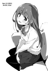 Rule 34 | 1girl, :d, artist name, between legs, blush, bow, bowtie, collared shirt, couch, dated, from side, greyscale, hand between legs, long hair, long sleeves, looking at viewer, looking to the side, miniskirt, monochrome, open mouth, original, pleated skirt, school uniform, shirt, simple background, sitting, skirt, smile, solo, tabata hisayuki, thighhighs, white background, wing collar