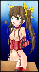 Rule 34 | 10s, 1girl, bdsm, bondage, bound, breasts, brown hair, chopsticks, collar, corset, cyber (cyber knight), elbow gloves, food, gloves, green eyes, huang lingyin, infinite stratos, long hair, nipple piercing, nipples, open mouth, piercing, pussy, pussy juice, solo, tears, thighhighs, tongue, tongue out, twintails, uncensored, wooden horse