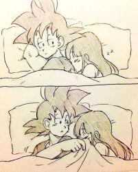 Rule 34 | 1boy, 1girl, back turned, bed, bed sheet, black eyes, black hair, chi-chi (dragon ball), comic, couple, dragon ball, expressionless, closed eyes, long hair, looking at another, monochrome, panels, pillow, short hair, silent comic, simple background, sleeping, sleepy, son goku, spiked hair, tkgsize, zzz