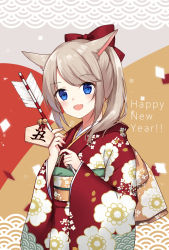 Rule 34 | 1girl, :d, animal ear fluff, animal ears, arrow (projectile), bell, blue eyes, blush, bow, brown hair, commentary request, ema, floral print, hair bow, hamaya, happy new year, highres, holding, holding arrow, japanese clothes, jingle bell, kimono, kinatsu ship, long sleeves, looking at viewer, new year, obi, open mouth, original, ponytail, print kimono, red bow, red kimono, sash, sleeves past wrists, smile, solo, wide sleeves