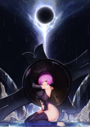 Rule 34 | 1girl, bare shoulders, black thighhighs, blueorca, breasts, commentary, fate/grand order, fate (series), gloves, hair over one eye, highres, holding, holding shield, kneeling, looking at viewer, mash kyrielight, moon, navel, night, outdoors, purple eyes, rain, shield, short hair, solo, thighhighs, toeless legwear, toes