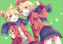 Rule 34 | 1boy, 1girl, bad id, bad pixiv id, blonde hair, blush, bow, brother and sister, emilion, green eyes, hair bow, kagamine len, kagamine rin, pointing, scarf, short hair, siblings, star (symbol), twins, vocaloid