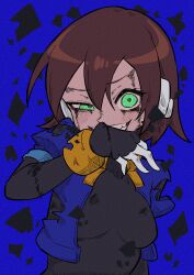 Rule 34 | absurdres, aile (mega man zx), black bodysuit, blood, blood on face, blue background, blue jacket, bodysuit, bodysuit under clothes, breasts, brown hair, buzzlyears, close-up, cropped jacket, damaged, faux traditional media, glowing, glowing eyes, green eyes, highres, injury, jacket, mega man (series), mega man zx, robot ears, sharp teeth, short hair, small breasts, smirk, teeth, torn clothes, torn jacket