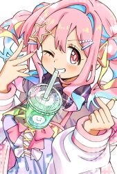 Rule 34 | 1girl, ;), blue hair, blue nails, c:, commentary, cup, disposable cup, drinking straw, finger heart, fingernails, grin, gyaru v, hair intakes, hair ornament, hairclip, highres, hozuki kaede, light blue hair, long fingernails, long sleeves, looking at viewer, multicolored hair, multicolored nails, nail polish, nuurise2023, official alternate costume, one eye closed, onii-chan wa oshimai!, pink eyes, pink hair, pink nails, puffy long sleeves, puffy sleeves, simple background, smile, solo, star (symbol), star hair ornament, twintails, two-tone hair, upper body, v, white background, yellow nails