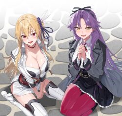 2girls absurdres alisa_reinford blonde_hair blush bow breasts choker cleavage coat cobblestone commission curtained_hair dress eiyuu_densetsu feather_hair_ornament feathers hair_between_eyes hair_bow hair_ornament hajimari_no_kiseki hidis0086 highres jewelry kuro_no_kiseki_(series) large_breasts long_hair medium_breasts multiple_girls one_side_up open_clothes open_coat open_mouth own_hands_clasped own_hands_together pantyhose parted_bangs pixiv_commission red_eyes renne_(eiyuu_densetsu) sitting skirt smile thighhighs