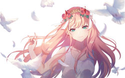 Rule 34 | 10s, 1girl, aqua eyes, bird, carminar, collarbone, darling in the franxx, feathers, floating hair, flower, hair flower, hair ornament, hair ribbon, head tilt, highres, horns, long hair, looking at viewer, pink hair, red flower, ribbon, shirt, sleeveless, sleeveless shirt, smile, solo, upper body, very long hair, white background, white feathers, white ribbon, white shirt, zero two (darling in the franxx)