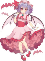 Rule 34 | 1girl, :d, ascot, bat (animal), bat wings, beni kurage, blue hair, blush, bobby socks, brooch, commentary request, dress, frilled shirt collar, frills, hair between eyes, hand up, hat, hat ribbon, high heels, highres, jewelry, looking at viewer, mary janes, mob cap, open mouth, petticoat, pink dress, pink hat, platform footwear, puffy short sleeves, puffy sleeves, red ascot, red eyes, red footwear, red ribbon, red sash, remilia scarlet, ribbon, sash, shoes, short hair, short sleeves, simple background, smile, socks, solo, touhou, white background, white socks, wings, wrist cuffs