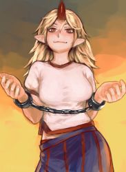 Rule 34 | 1girl, blonde hair, blue skirt, breasts, chain, commentary request, cowboy shot, cuffs, envenomist (gengoroumaru), highres, horns, hoshiguma yuugi, large breasts, long hair, looking at viewer, orange background, pointy ears, puffy short sleeves, puffy sleeves, red eyes, shackles, shirt, short sleeves, single horn, skirt, smile, solo, standing, striped clothes, striped skirt, touhou, vertical-striped clothes, vertical-striped skirt, white shirt