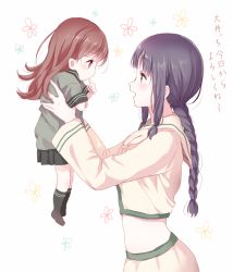 Rule 34 | 10s, 2girls, age difference, aged down, bad id, bad twitter id, black hair, blunt bangs, braid, brown eyes, brown hair, from side, holding, kantai collection, kitakami (kancolle), long hair, midriff, multiple girls, ooi (kancolle), open mouth, profile, remodel (kantai collection), school uniform, serafuku, smile, translation request, yatomi