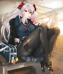 Rule 34 | 1girl, alternate costume, ass, azur lane, bag, black pantyhose, breasts, cardigan, drinking, headgear, highres, loafers, long hair, looking at viewer, medal, medium breasts, pantyhose, panzer (p.z), prinz eugen (azur lane), red eyes, school bag, school uniform, shoes, silver hair, sitting, skirt, solo, thighband pantyhose, twintails, two side up