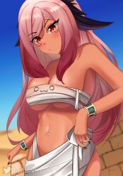 Rule 34 | 1girl, arm bands, armband, artist name, bandages, bare shoulders, blush, bow, breasts, brick, brick wall, cleavage, desert, dragon girl, egyptian, eye of horus, eye tattoo, female focus, fingernails, functionally nude, gold, horns, indie virtual youtuber, large breasts, long hair, looking down, medium breasts, monster girl, naked bandage, navel piercing, piercing, pink hair, red eyes, sand, sharp fingernails, smile, solo, solo focus, tattoo, trickywi
