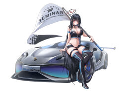 Rule 34 | 1girl, black choker, black footwear, black hair, black nails, blue archive, blush, boots, breasts, car, choker, cleavage, closed mouth, collarbone, fingernails, flag, hair ornament, hairpin, halo, high heel boots, high heels, highres, large breasts, long hair, looking at viewer, motor vehicle, nail polish, navel, race queen, red eyes, rio (blue archive), simple background, solo, ssong2, thigh boots, white background