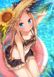 Rule 34 | 1girl, abigail williams (emerald float) (fate), abigail williams (fate), arm behind head, arm up, bikini, black bow, blonde hair, blue eyes, bow, breasts, closed mouth, emerald float, fate/grand order, fate (series), forehead, frilled bikini, frills, hair bow, hat, lokyin house, long hair, microskirt, multiple bows, official alternate costume, orange bow, parted bangs, polka dot, polka dot bow, sitting, skirt, small breasts, smile, stuffed animal, stuffed toy, sun hat, swimsuit, teddy bear, thighs, water