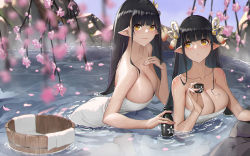 Rule 34 | 2girls, :o, bare shoulders, black hair, blunt bangs, blush, breasts, bucket, cherry blossoms, chinese commentary, choko (cup), cleavage, collarbone, commentary request, cup, fewer digits, genera-x, hair ornament, highres, hinoa, large breasts, long hair, minoto, monster hunter (series), monster hunter rise, multiple girls, naked towel, onsen, pointy ears, siblings, sisters, smile, tokkuri, towel, twins, yellow eyes