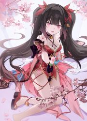 Rule 34 | 1girl, absurdres, bell, black choker, black footwear, black hair, breasts, butterfly-shaped pupils, cherry blossoms, chii (chiiriring), choker, cleavage, commentary request, cross-laced clothes, cross-laced dress, dango, detached sleeves, dress, food, hair ornament, highres, holding, holding food, honkai: star rail, honkai (series), long hair, medium breasts, mole, mole under each eye, mole under eye, multiple moles, neck bell, open mouth, pink eyes, red dress, sandals, sitting, smile, solo, sparkle (honkai: star rail), symbol-shaped pupils, twintails, very long hair, wagashi, wide sleeves, yokozuwari, zouri