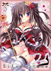 Rule 34 | 1girl, alice (alice in wonderland), alice in wonderland, babydoll, black hair, blush, bow, bow panties, breasts, choker, cleavage, collarbone, cross, crown, detached sleeves, dress, flower, frills, garter straps, hair flower, hair ornament, jewelry, kirishima riona, lingerie, long hair, looking at viewer, navel, open mouth, original, panties, pantyshot, polka dot, polka dot background, purple eyes, ribbon, rose, solo, striped clothes, striped thighhighs, thighhighs, twintails, underwear, white panties