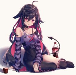 Rule 34 | 1girl, ahoge, arm support, asymmetrical clothes, bags under eyes, bare shoulders, black dress, black hair, blush, breasts, cleavage, cola, collar, commentary, convenient arm, convenient censoring, cup, demon girl, demon horns, demon tail, dress, drinking glass, drinking straw, full body, hair between eyes, horns, kawami nami, long hair, long sleeves, looking at viewer, medium breasts, multicolored hair, nijisanji, off-shoulder shirt, off shoulder, open mouth, pink hair, pointy ears, red eyes, shadow, shirt, sitting, sleeves past wrists, smile, solo, striped sleeves, tail, thighhighs, torn clothes, torn shirt, two-tone hair, very long hair, virtual youtuber, yamiyono moruru, zettai ryouiki