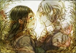 Rule 34 | 1boy, 1girl, aqua eyes, arm grab, eye contact, finger to mouth, flower, flower request, ha.skr (hasukara), hands on own chest, jewelry, long hair, looking at another, lowres, nail polish, original, pale skin, popped collar, red eyes, upper body