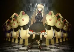Rule 34 | 1girl, blonde hair, character name, checkered background, checkered floor, crossed arms, doll, dress, elbow gloves, floor, frown, gloves, highres, long hair, mayu (vocaloid), oki (koi0koi), piano print, solo focus, stuffed animal, stuffed rabbit, stuffed toy, usano mimi, vocaloid, yellow eyes