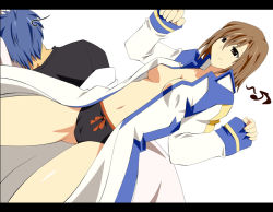 Rule 34 | blue hair, brown eyes, brown hair, coat, cosplay, kaito (cosplay), kaito (vocaloid), lying, meiko (vocaloid), musical note, on side, panties, shin&#039;ya (nanp), short hair, smile, topless, underwear, vocaloid