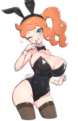 Rule 34 | absurdres, alternate costume, bow, bowtie, breasts, cleavage, creatures (company), cuffs, finger to mouth, game freak, gonzarez, heart, highres, large breasts, leotard, nintendo, one eye closed, orange hair, playboy bunny, pokemon, pokemon swsh, rabbit ears, rabbit tail, shiny skin, side ponytail, simple background, smile, sonia (pokemon), thighhighs, white background, wink
