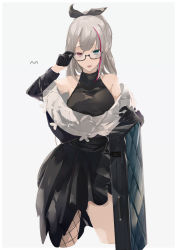 Rule 34 | 1girl, absurdres, adjusting eyewear, aqua eyes, artist name, bare shoulders, black dress, black gloves, bow, breasts, cropped legs, dress, fishnet thighhighs, fishnets, girls&#039; frontline, glasses, gloves, grey hair, hair bow, heterochromia, highres, long hair, looking at viewer, mdr (cocktail observer) (girls&#039; frontline), mdr (girls&#039; frontline), medium breasts, multicolored hair, official alternate costume, open mouth, pink eyes, ponytail, single thighhigh, solo, standing, streaked hair, sutekina awa, teeth, thighhighs, upper teeth only, white background