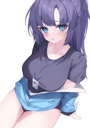 Rule 34 | 1girl, :o, absurdres, black shirt, blue archive, blue eyes, blue jacket, blush, breasts, buruma, clothes down, collarbone, furrowed brow, gou 213, gym uniform, halo, highres, id card, jacket, lanyard, large breasts, long hair, looking at viewer, official alternate costume, partially unzipped, purple hair, shirt, simple background, sitting, solo, star (symbol), sticker on face, thighs, track jacket, wakamezake, white background, yuuka (blue archive), yuuka (track) (blue archive)