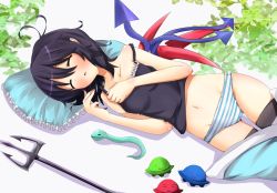 Rule 34 | 1girl, :3, asymmetrical wings, bad id, bad pixiv id, bare shoulders, black hair, black thighhighs, blanket, blue panties, camisole, closed eyes, collarbone, female focus, houjuu nue, lying, no pants, nonono (mino), on side, panties, pillow, polearm, short hair, sleeping, snake, solo, spear, striped clothes, striped panties, thighhighs, touhou, trident, ufo, underwear, underwear only, weapon, wings