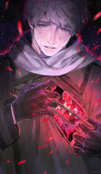 Rule 34 | 1boy, axis powers hetalia, black gloves, blood, clenched teeth, coat, crying, crystal, eyelashes, flower, gloves, glowing, grey coat, half-closed eyes, hands up, heart (organ), highres, hole in chest, hole on body, long sleeves, male focus, petals, russia (hetalia), scarf, self-harm, solo, tearing clothes, teeth, torn clothes, uka402, upper body, white scarf