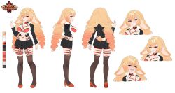 Rule 34 | animal ears, ball gag, black jacket, black skirt, blush, bra, breasts, brown eyes, character sheet, closed mouth, collared shirt, color guide, crop top, cropped jacket, drill hair, expressions, finger heart, formal, gag, gradient hair, heart, heart-shaped pupils, high heels, highres, jacket, large breasts, logo, lop rabbit ears, mole, mole on breast, multicolored hair, multiple views, navel, o-ring, open clothes, open jacket, open mouth, orange bra, orange footwear, orange hair, pinstripe pattern, pinstripe skirt, pinstripe suit, popped collar, rabbit ears, rabbit girl, second-party source, shibari, shibi cottonbum, shirt, skirt, skyvee (artist), smile, suit, symbol-shaped pupils, thighhighs, twin drills, underwear, vallure, white shirt