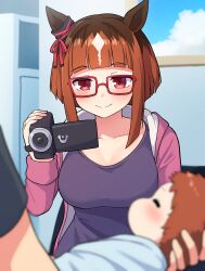 Rule 34 | 1girl, absurdres, animal ears, baby, black shirt, blurry, blurry foreground, bow, breasts, brown hair, camcorder, camera, cleavage, closed mouth, collarbone, commentary request, ear ribbon, glasses, highres, holding, holding camera, horse ears, horse girl, jacket, large breasts, open clothes, open jacket, pink jacket, red-framed eyewear, red eyes, red ribbon, ribbon, shirt, smile, takiki, transcend (umamusume), umamusume, video camera